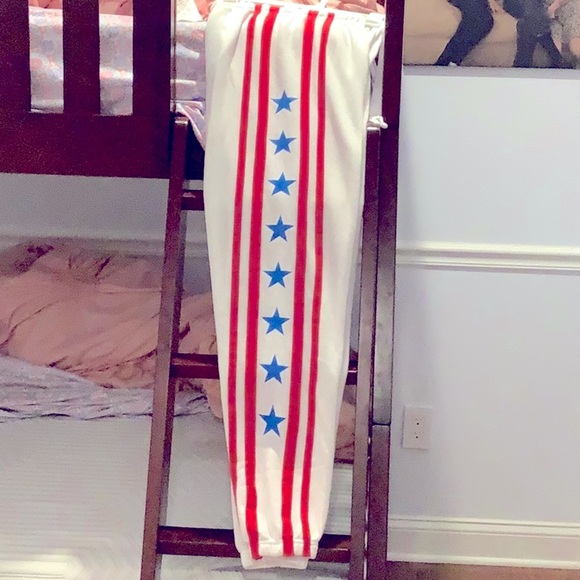 ⭐️NWT White Pants with Red Stripes and Blue Stars NEW S Aviator Nation⭐️ - Picture 1 of 7